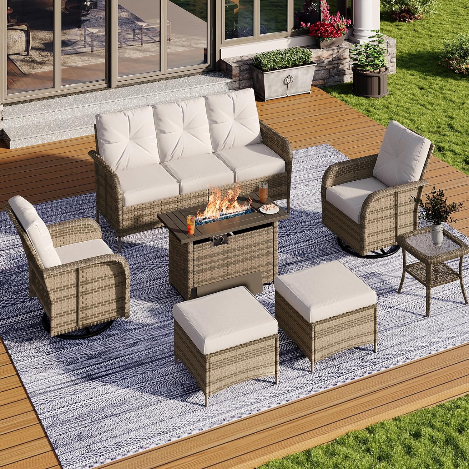 Outdoor Furniture Fire Pit - 7-Piece Wicker Patio Set with 44