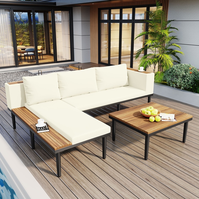 Beige L-Shaped Acacia Wood Pat - Outdoor Furniture L Shape 评论和价格