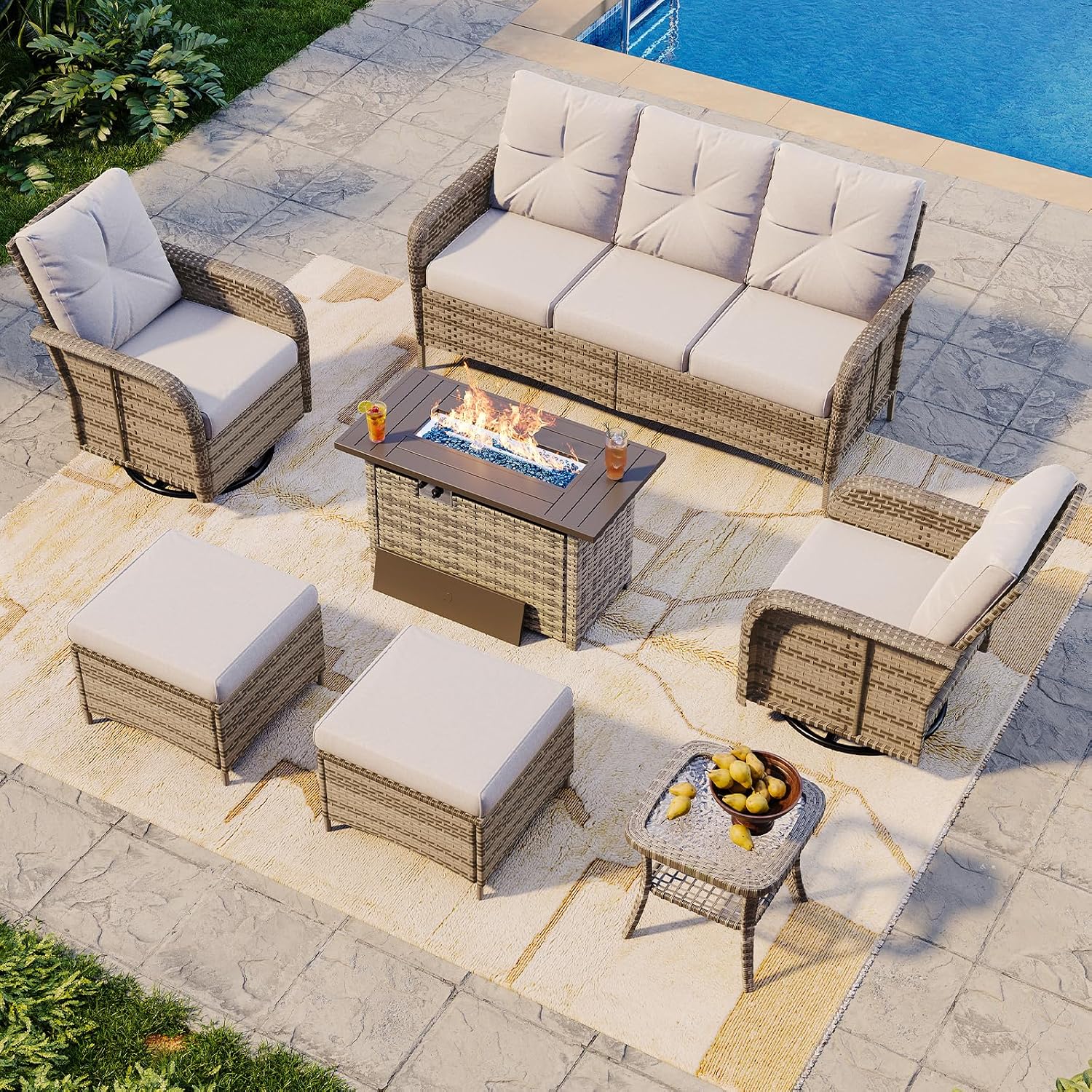 7-Piece Wicker Patio Set with  - Outdoor Furniture Fire Pit 评论和价格