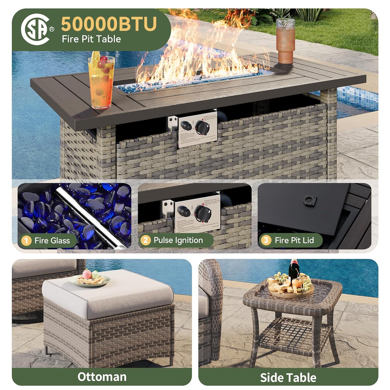 7-Piece Wicker Patio Set with  - Outdoor Furniture Fire Pit 评论和价格